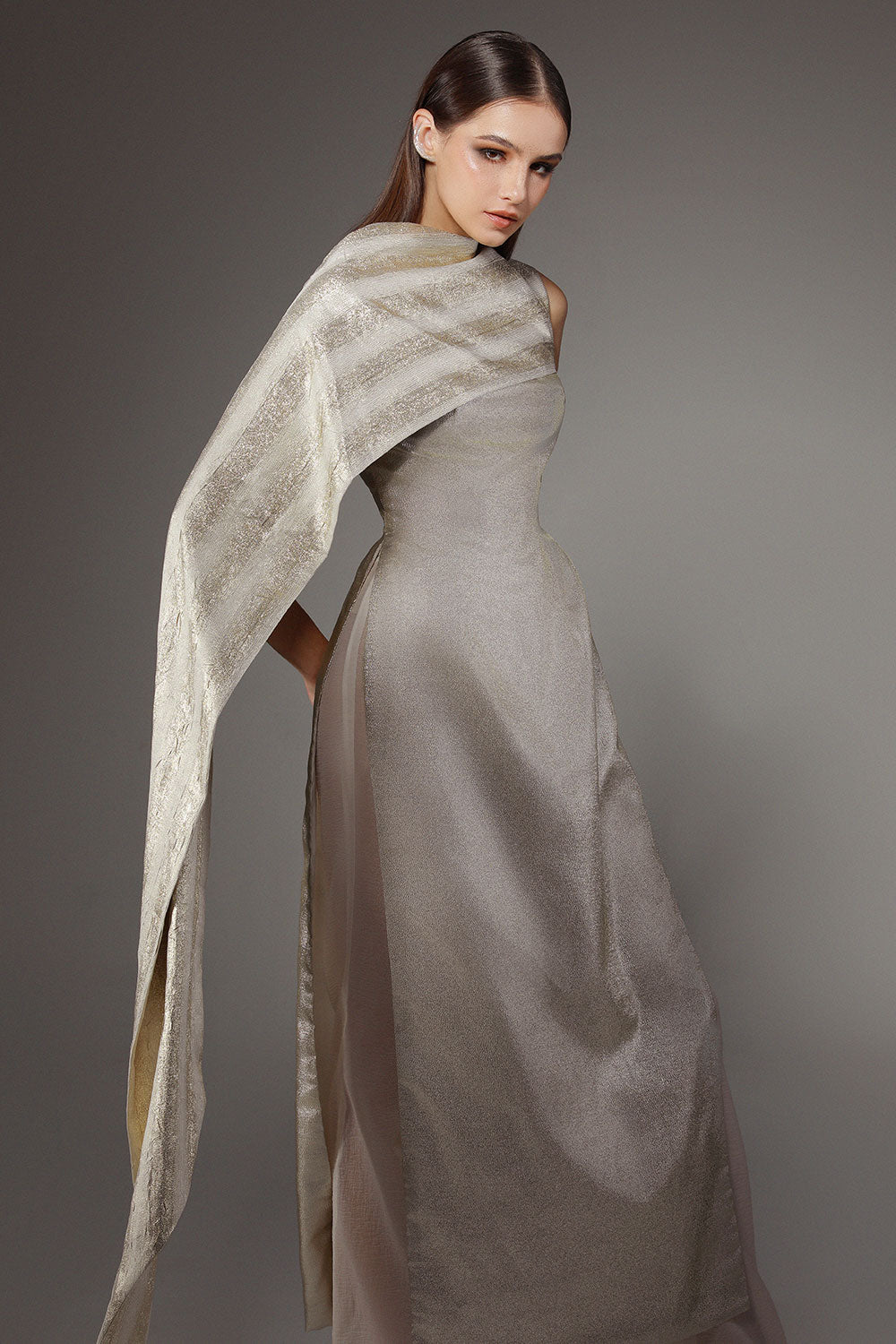 Lurex A-line Side Slit Polyester Floor Length Ao Dai Set