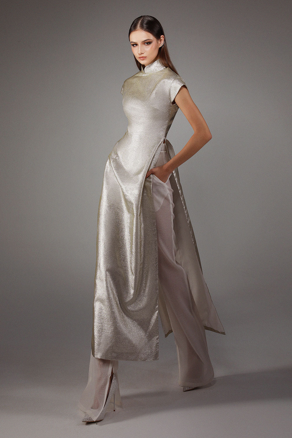 Lustrous A-line Mandarin Neck Polyester Floor Length Ao Dai Set