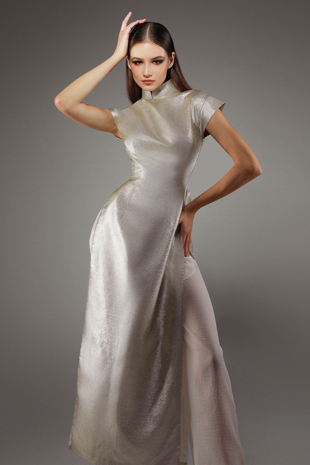 Lustrous A-line Mandarin Neck Polyester Floor Length Ao Dai Set