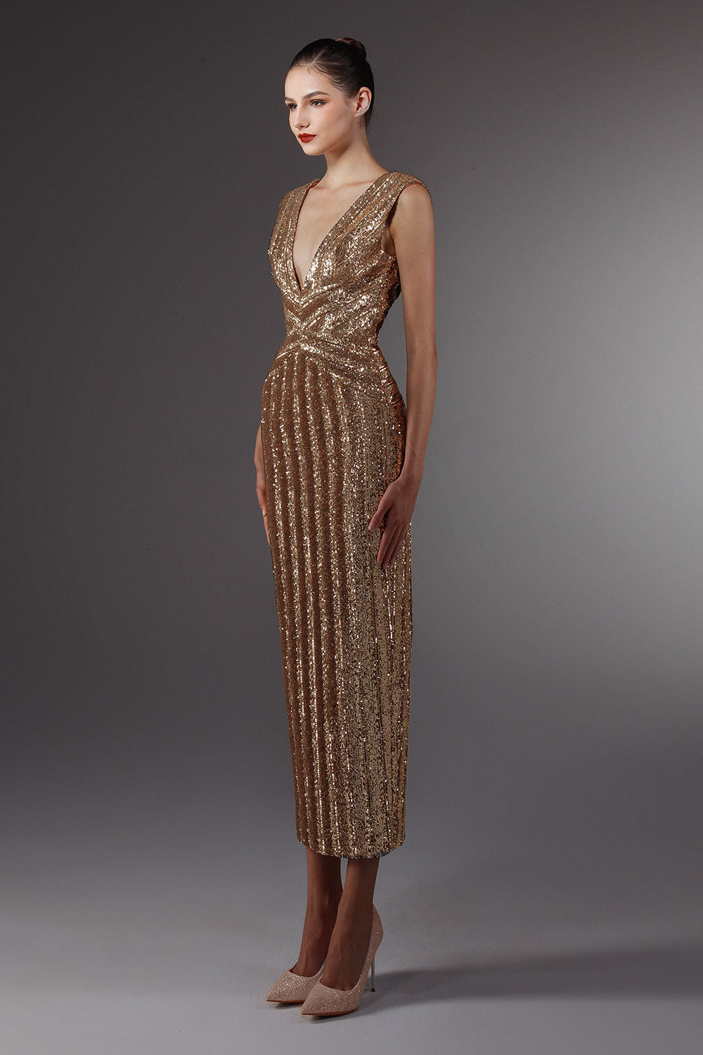 Women's Venusia Pegged Plunge Neck Sequin Ankle Length Dress 0/1/2/3/Customize Gold MEAN BLVD Gold / 1 Women's Venusia Pegged Plunge Neck Sequin Ankle Length Dress 0/1/2/3/Customize Gold MEAN BLVD Gold / 1
