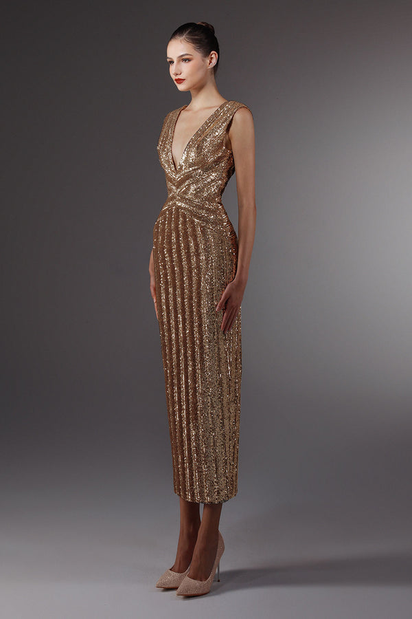 Venusia Pegged Plunge Neck Sequin Ankle Length Dress