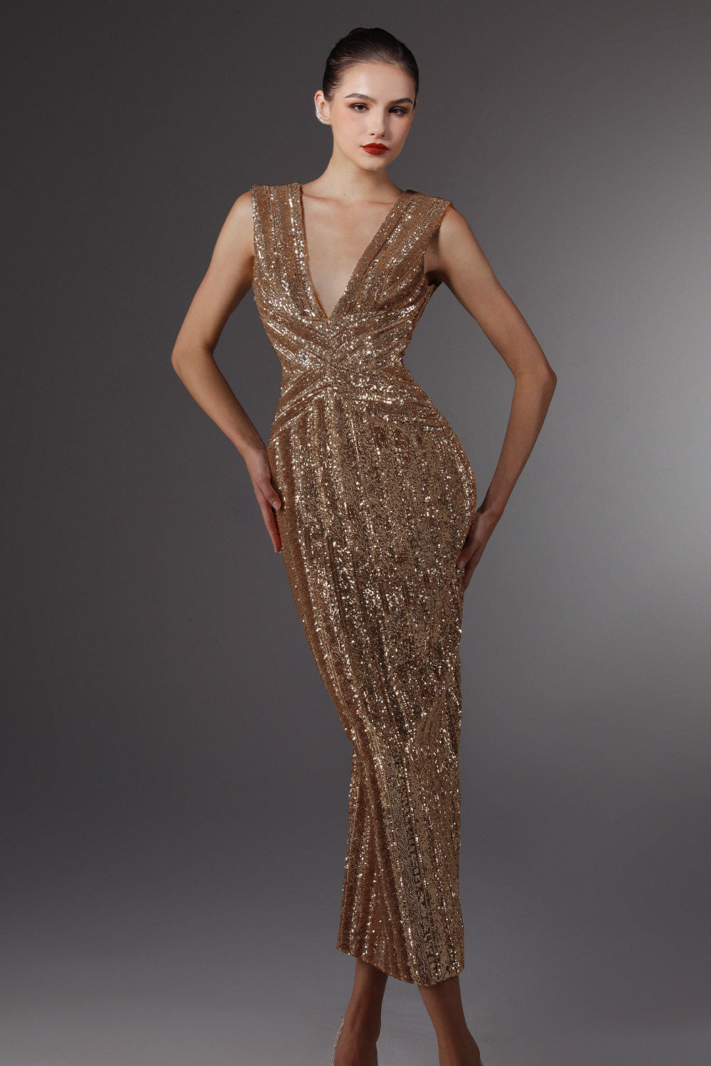 plunge v neck sequin dress Plunge Neck Sequin Floral Fitted Gown 40757