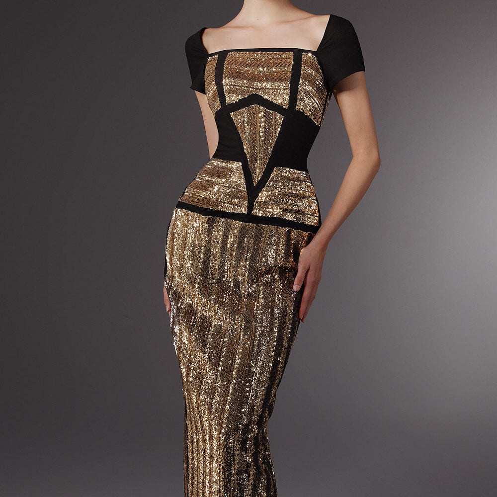 Sculpting Sheath Short Sleeved Sequin Ankle Length Dress