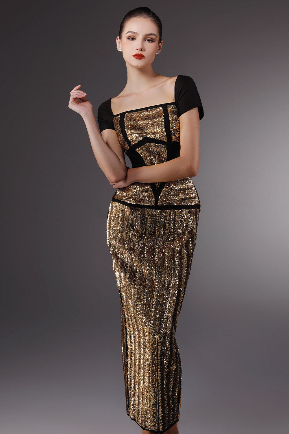 Sculpting Sheath Short Sleeved Sequin Ankle Length Dress