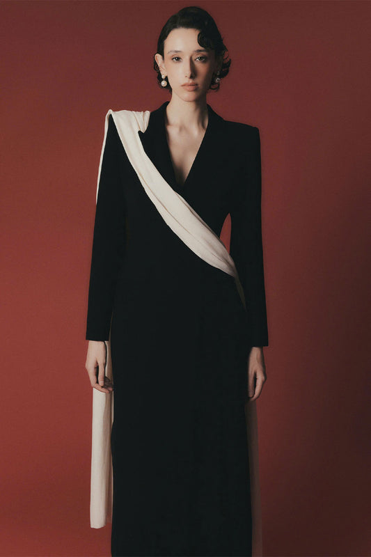 Mari Sheath V-Neck Poly Silk Calf Length Dress