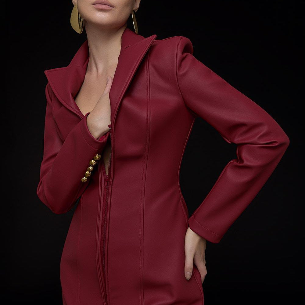 Ulster A-line Front Zipper Leather Midi Trench Coat