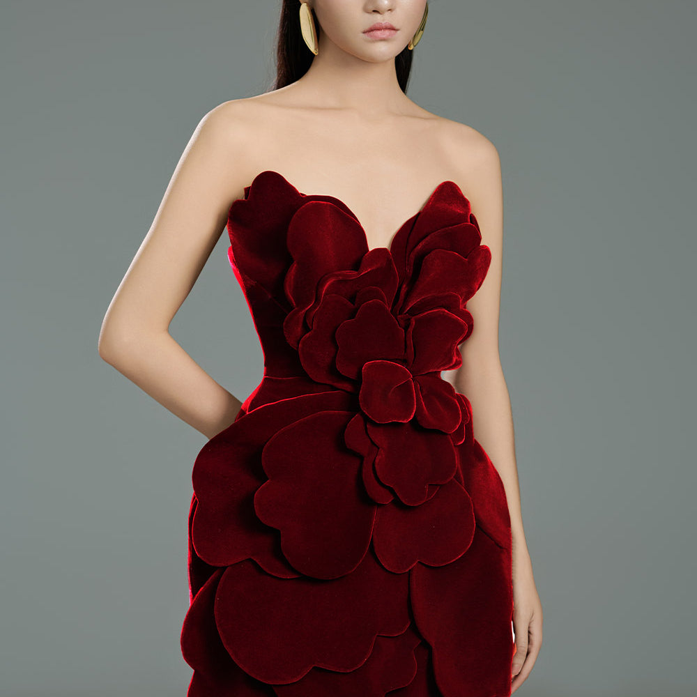 Velour Pegged Flower Applique Polyester Midi Dress