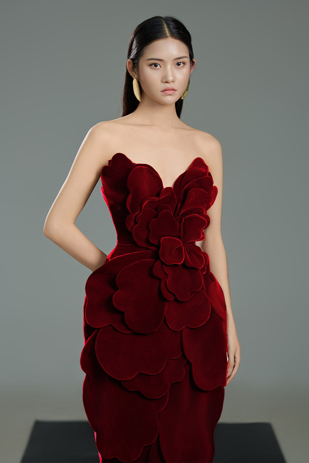 Women's Velour Pegged Flower Applique Polyester Midi Dress XXS/XS/S/M/L/XL/XXL/3XL/Customize Red Mean Blvd Red / S Women's Velour Pegged Flower Applique Polyester Midi Dress XXS/XS/S/M/L/XL/XXL/3XL/Customize Red Mean Blvd Red / S