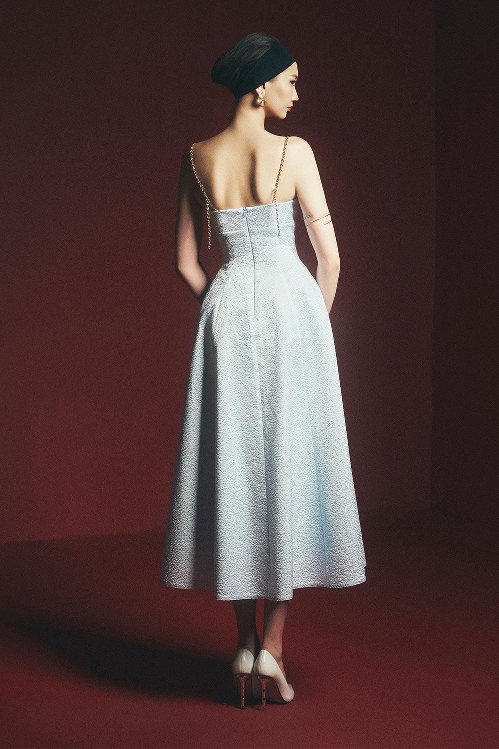 Plumeria A-line Spaghetti Strap Jacquard Midi Dress