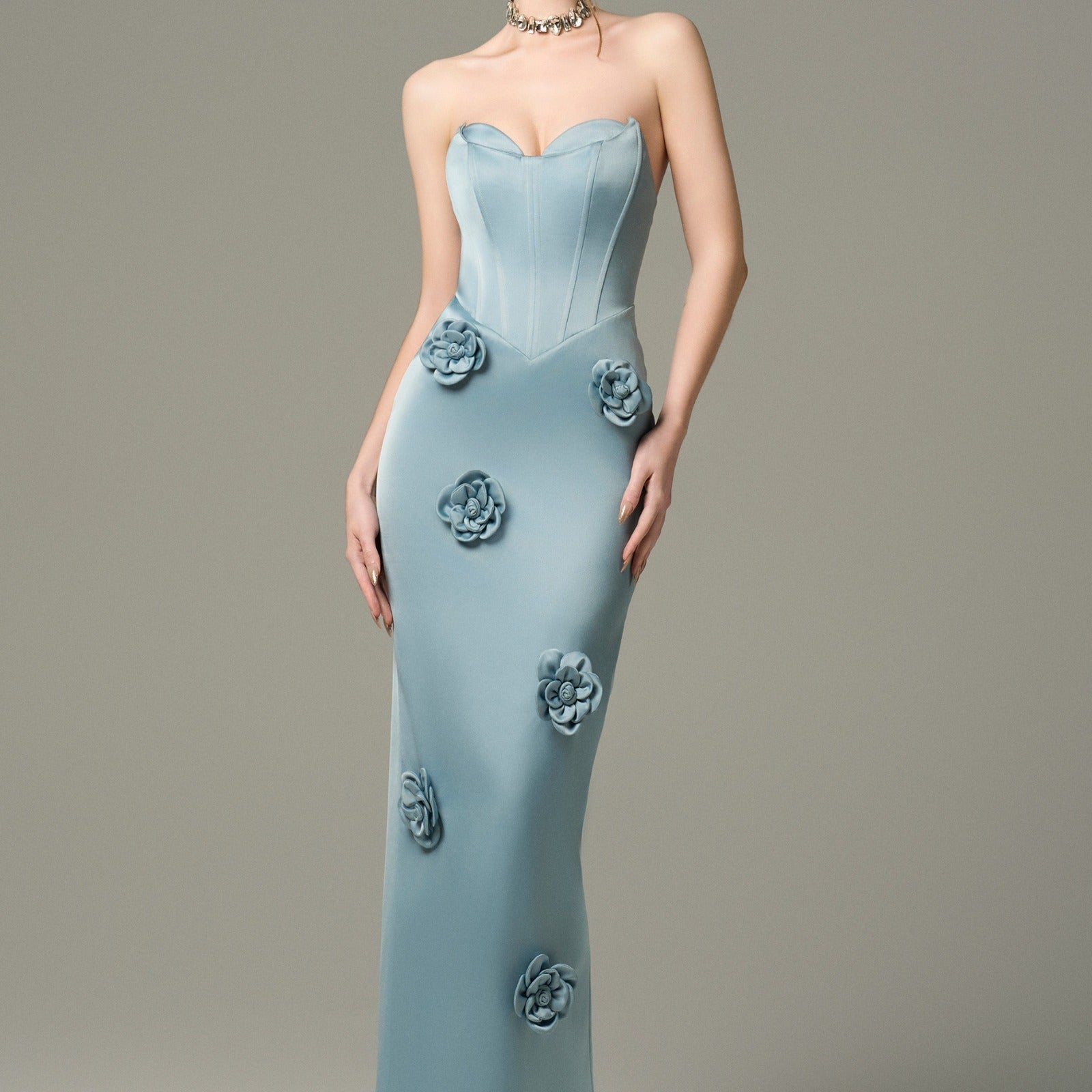 Aquarelle Silk 3D Floral Applique Maxi Dress