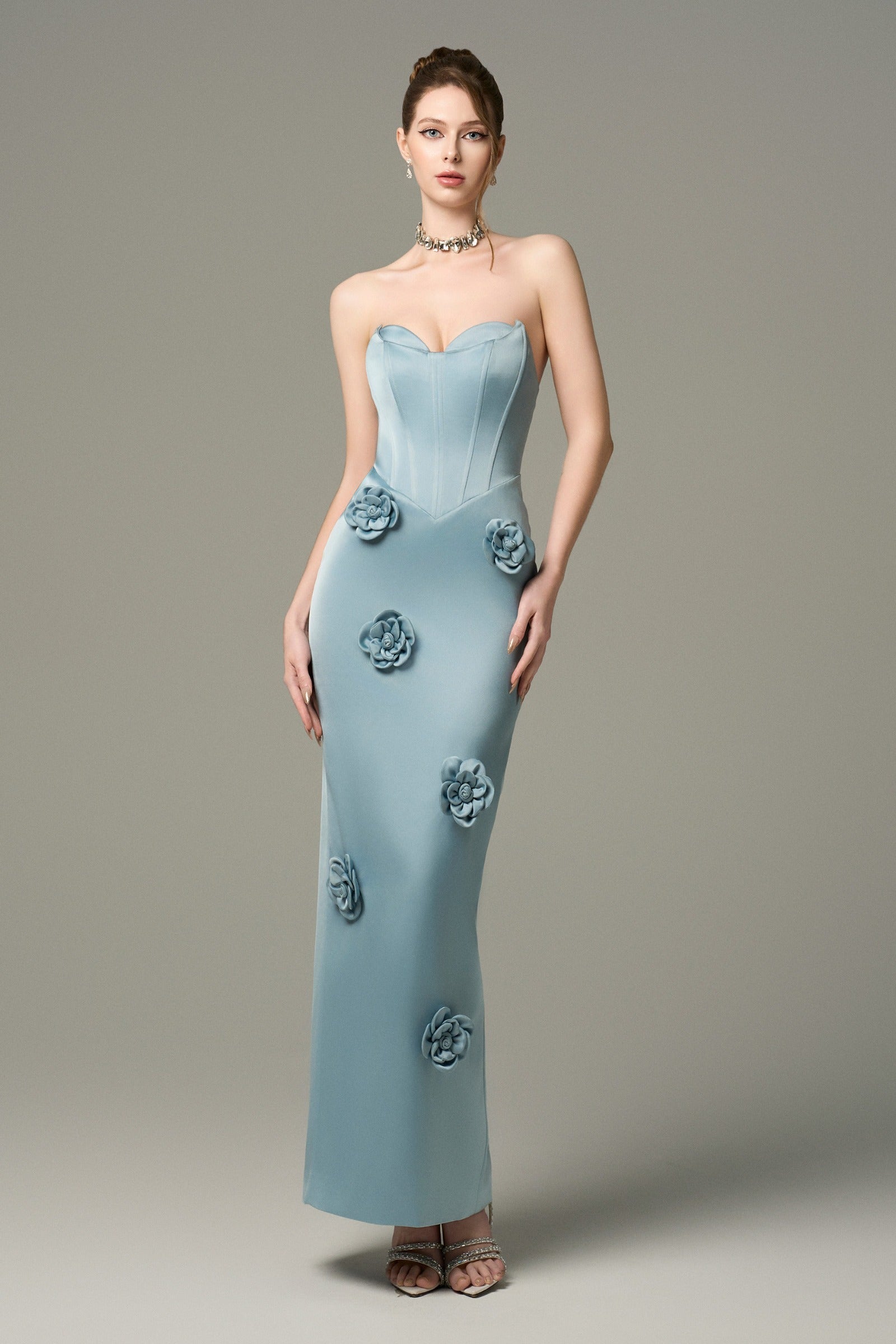 Aquarelle Silk 3D Floral Applique Maxi Dress