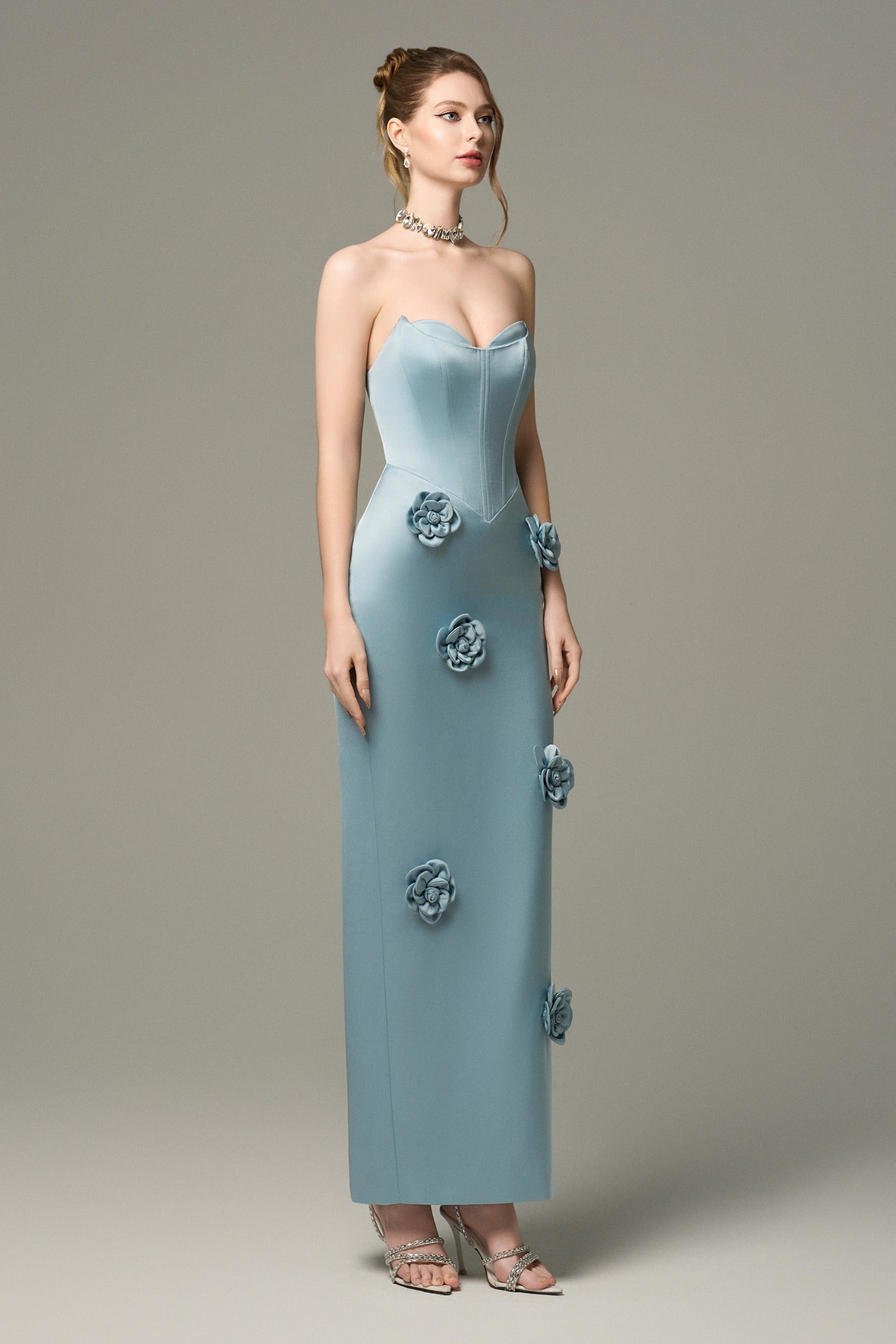 Aquarelle Silk 3D Floral Applique Maxi Dress
