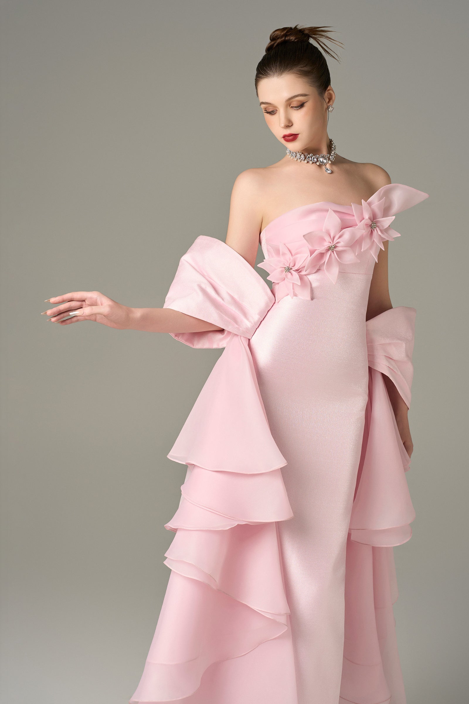 Ornate Pleated Gown with Handcrafted Flowers