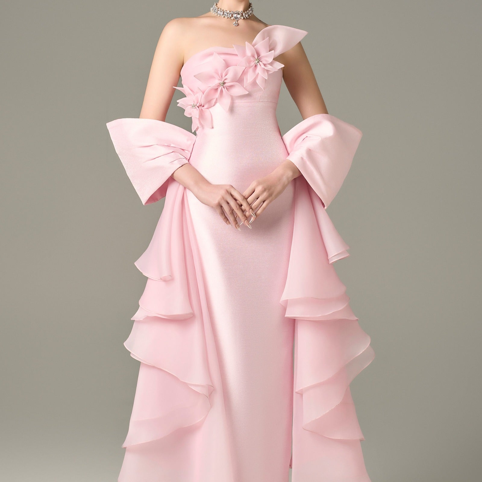 Ornate Pleated Gown with Handcrafted Flowers