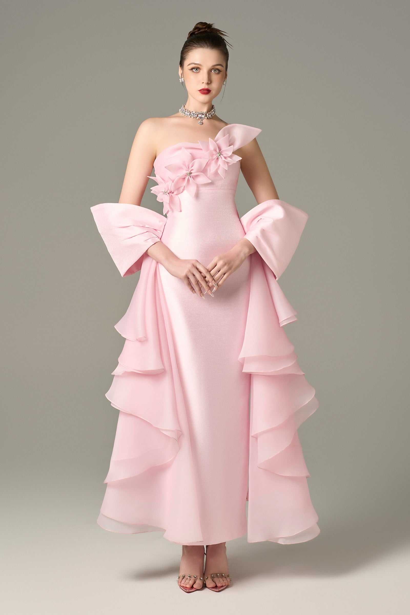 Ornate Pleated Gown with Handcrafted Flowers