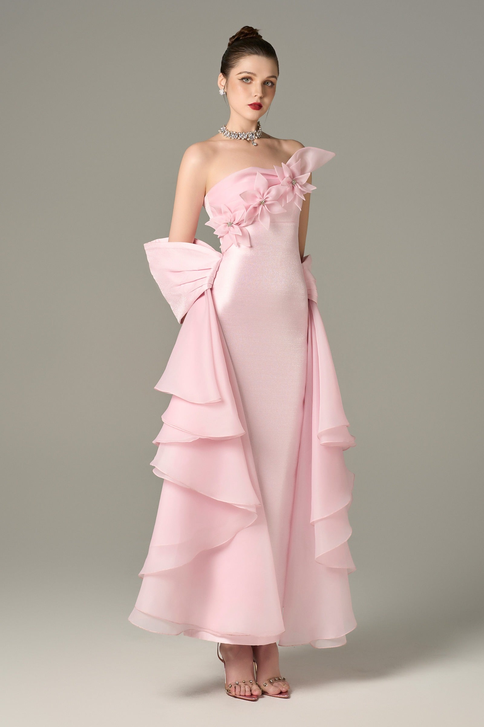 Ornate Pleated Gown with Handcrafted Flowers