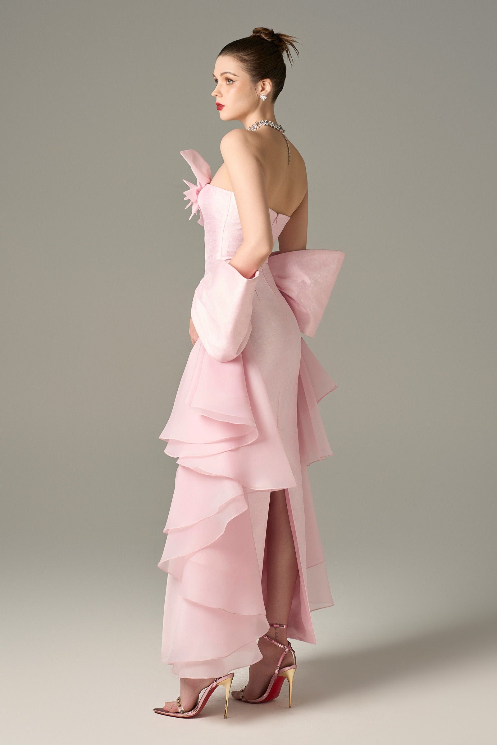 Ornate Pleated Gown with Handcrafted Flowers