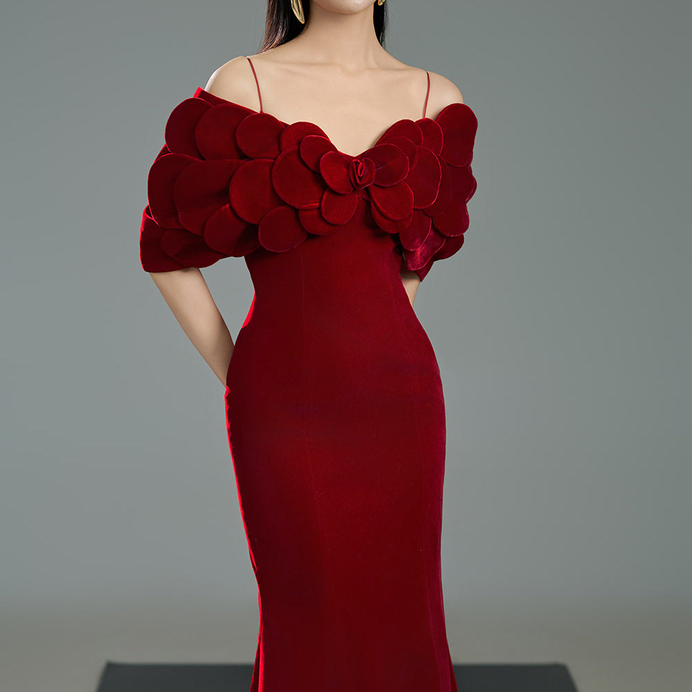 Dawson Trumpet Cold Shoulder Sleeved Polyester Floor Length Dress