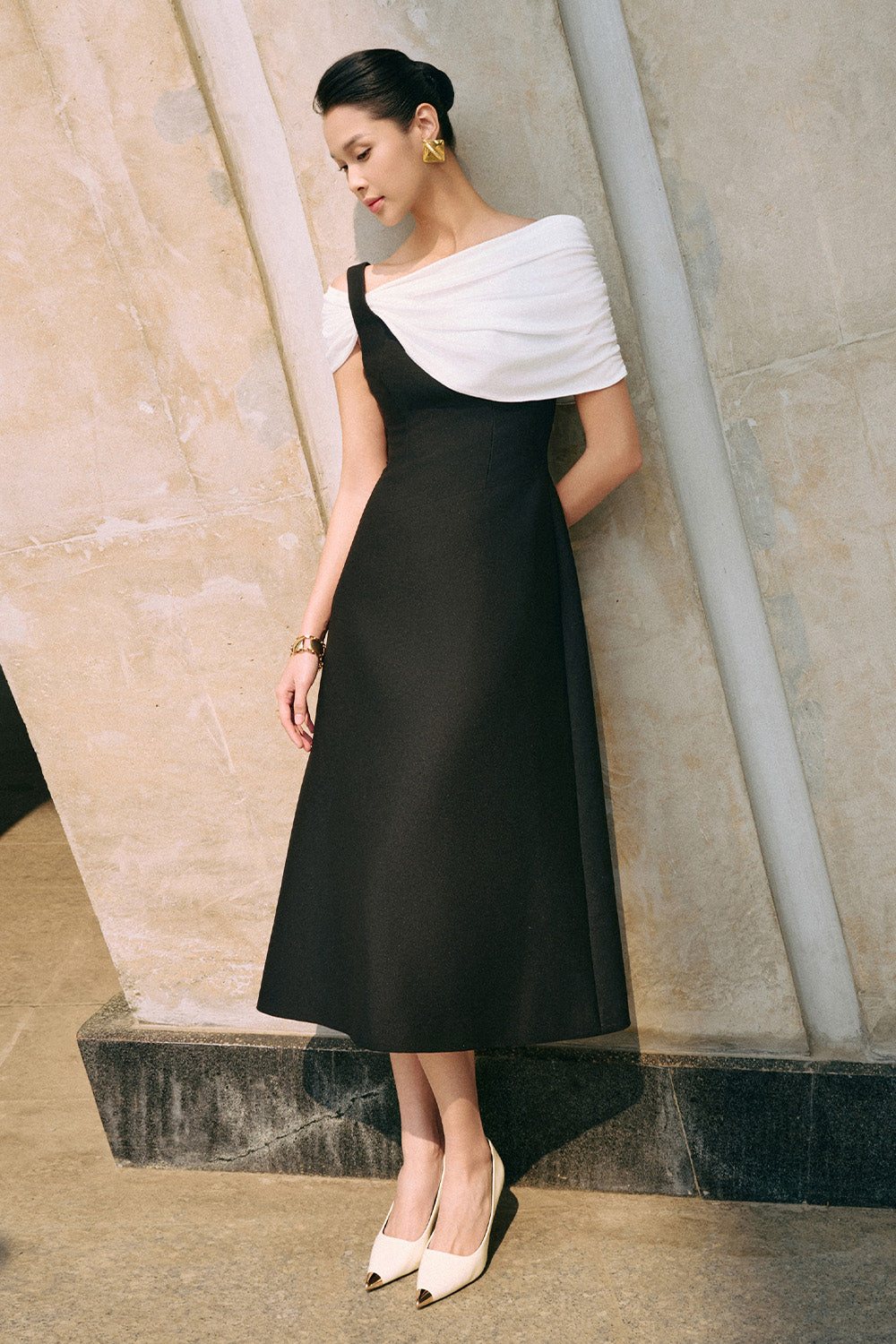 Women's Radiant A-line Cold Shoulder Sleeved Cotton Jersey Calf Length Dress S/M/L/XL/Customize Red/Black and White /Moss Yellow MEAN BLVD Women's Radiant A-line Cold Shoulder Sleeved Cotton Jersey Calf Length Dress S/M/L/XL/Customize Red/Black and White /Moss Yellow MEAN BLVD