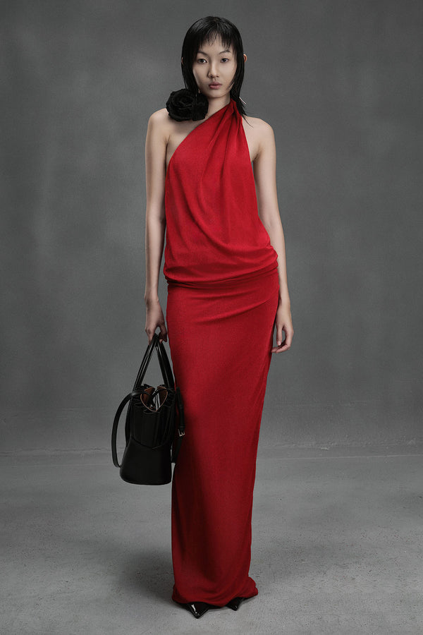 Anchovy Blouson One Shoulder Spandex Floor Length Dress