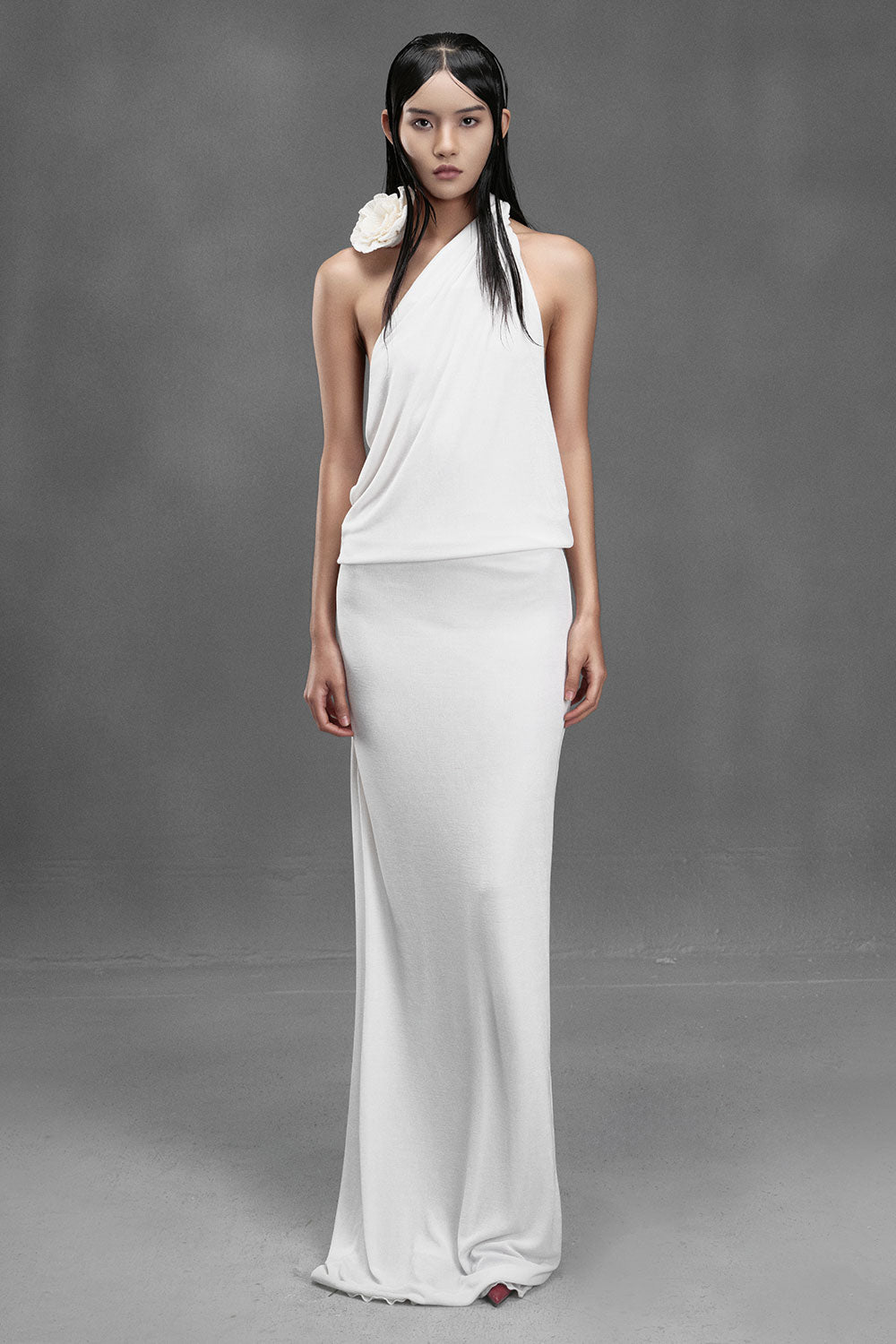 Anchovy Blouson One Shoulder Spandex Floor Length Dress