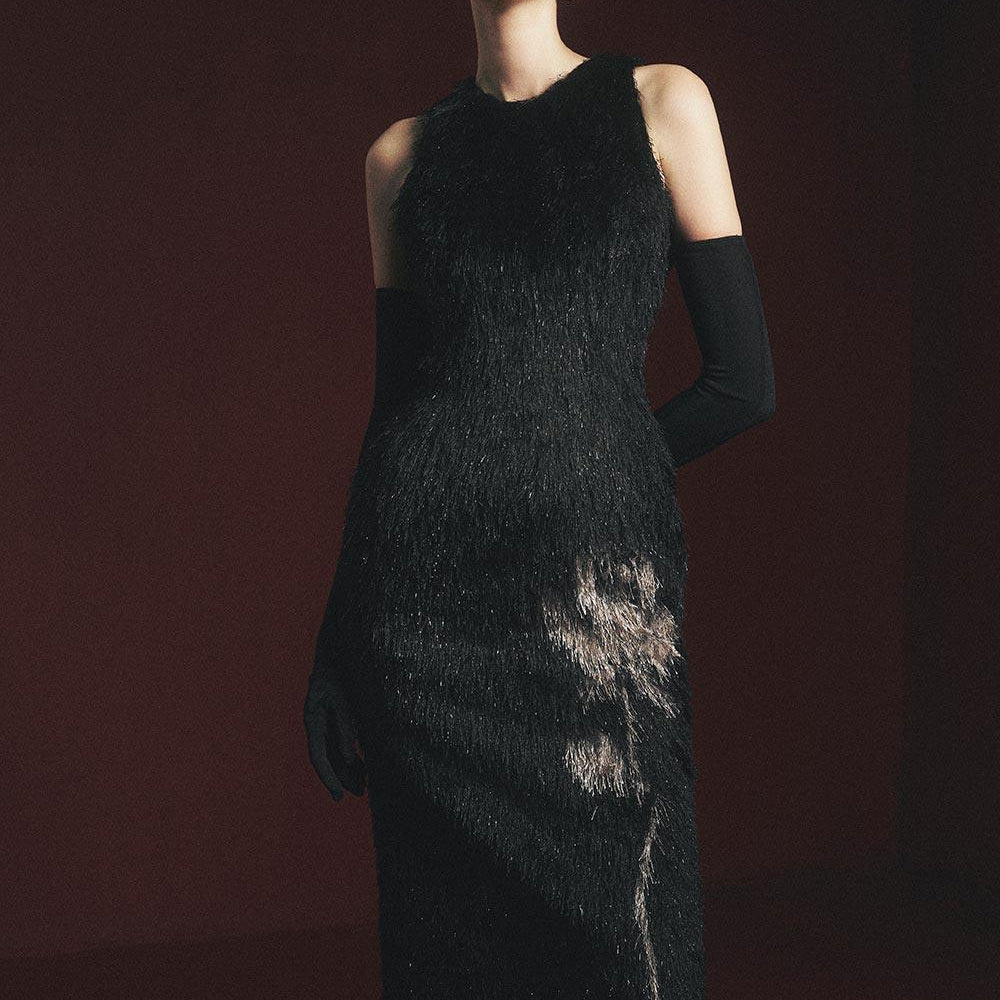 Macias Sheath Back Slit Faux Fur Floor Length Dress