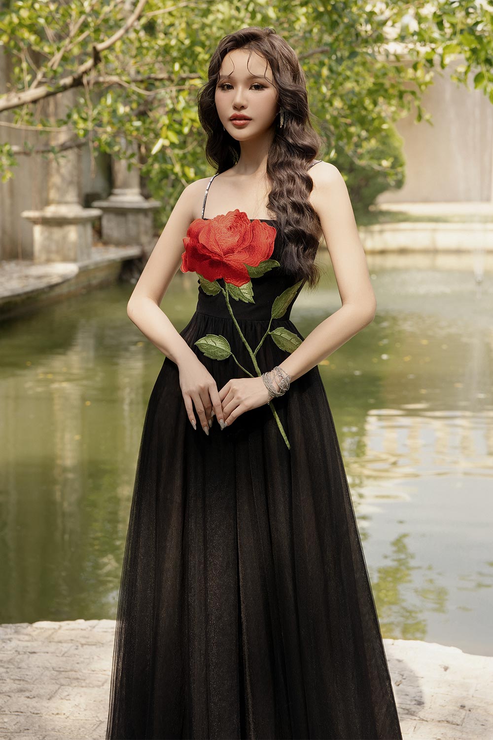 Red Love A-line Spaghetti Strap Mesh Floor Length Dress