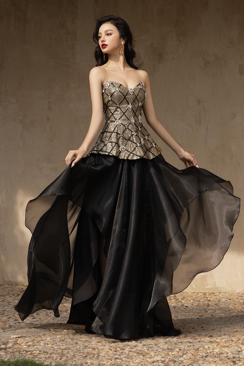 Evening Gold Peplum Sweetheart Neck Voile Floor Length Dress