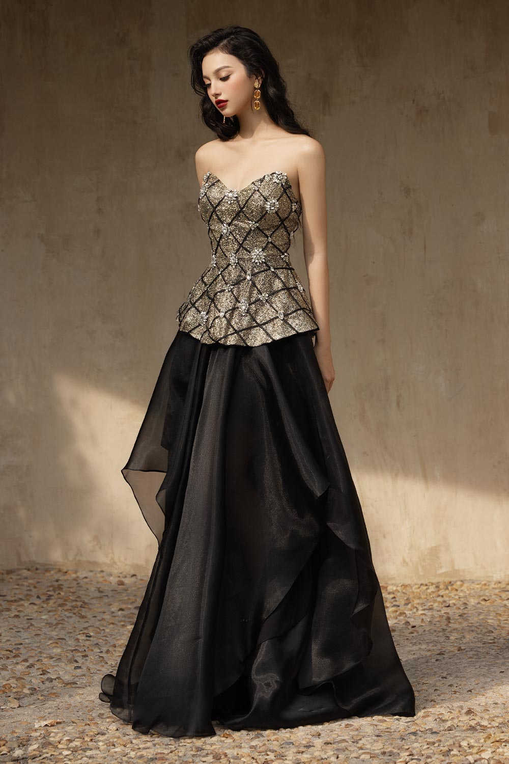 Evening Gold Peplum Sweetheart Neck Voile Floor Length Dress