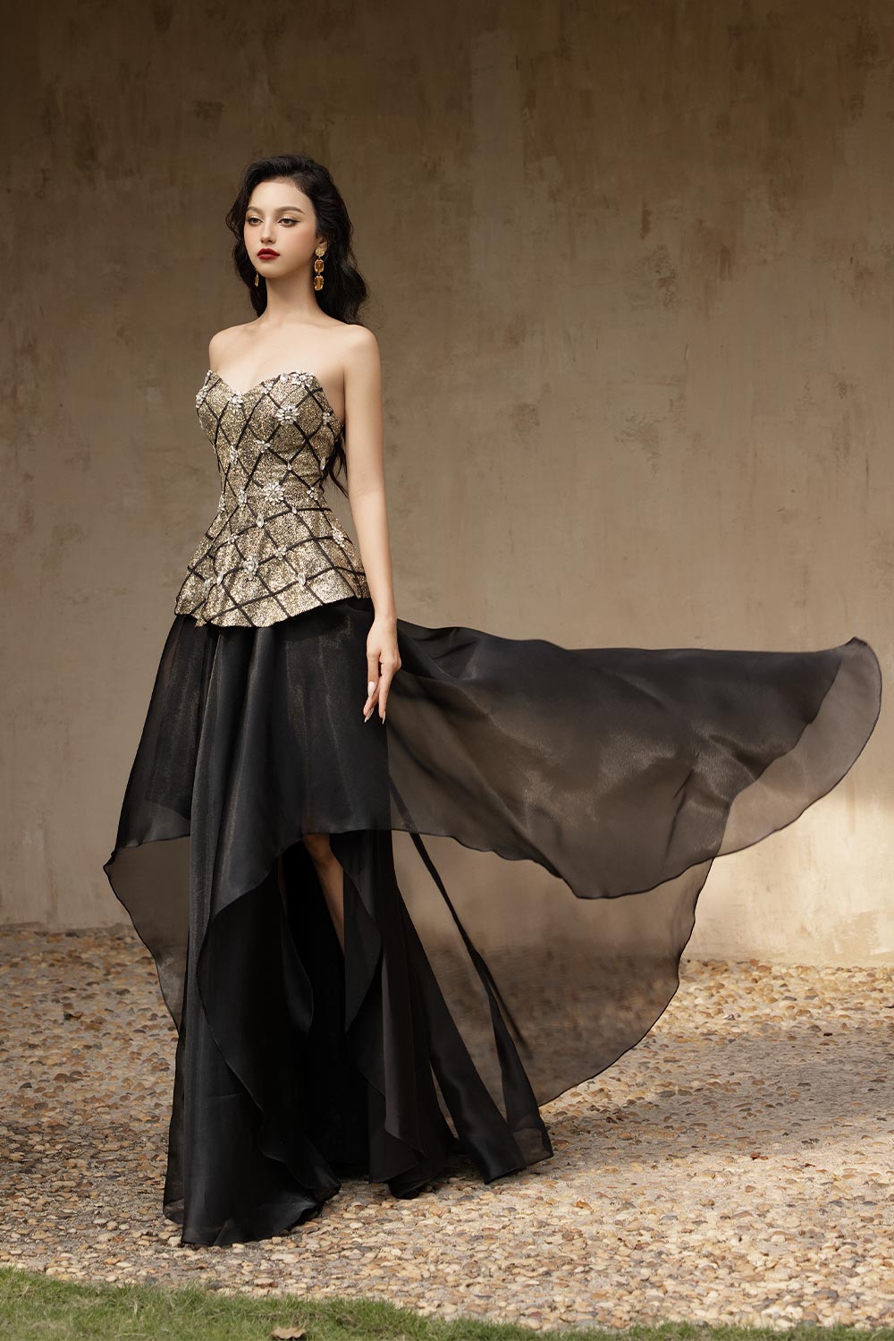 Evening Gold Peplum Sweetheart Neck Voile Floor Length Dress