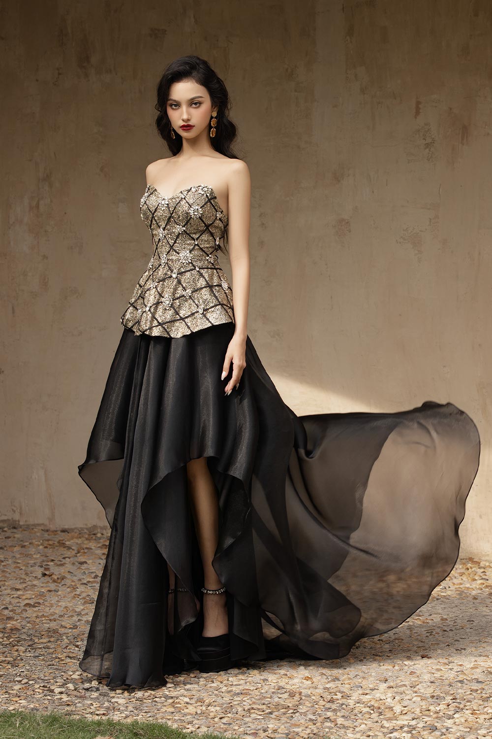 Evening Gold Peplum Sweetheart Neck Voile Floor Length Dress
