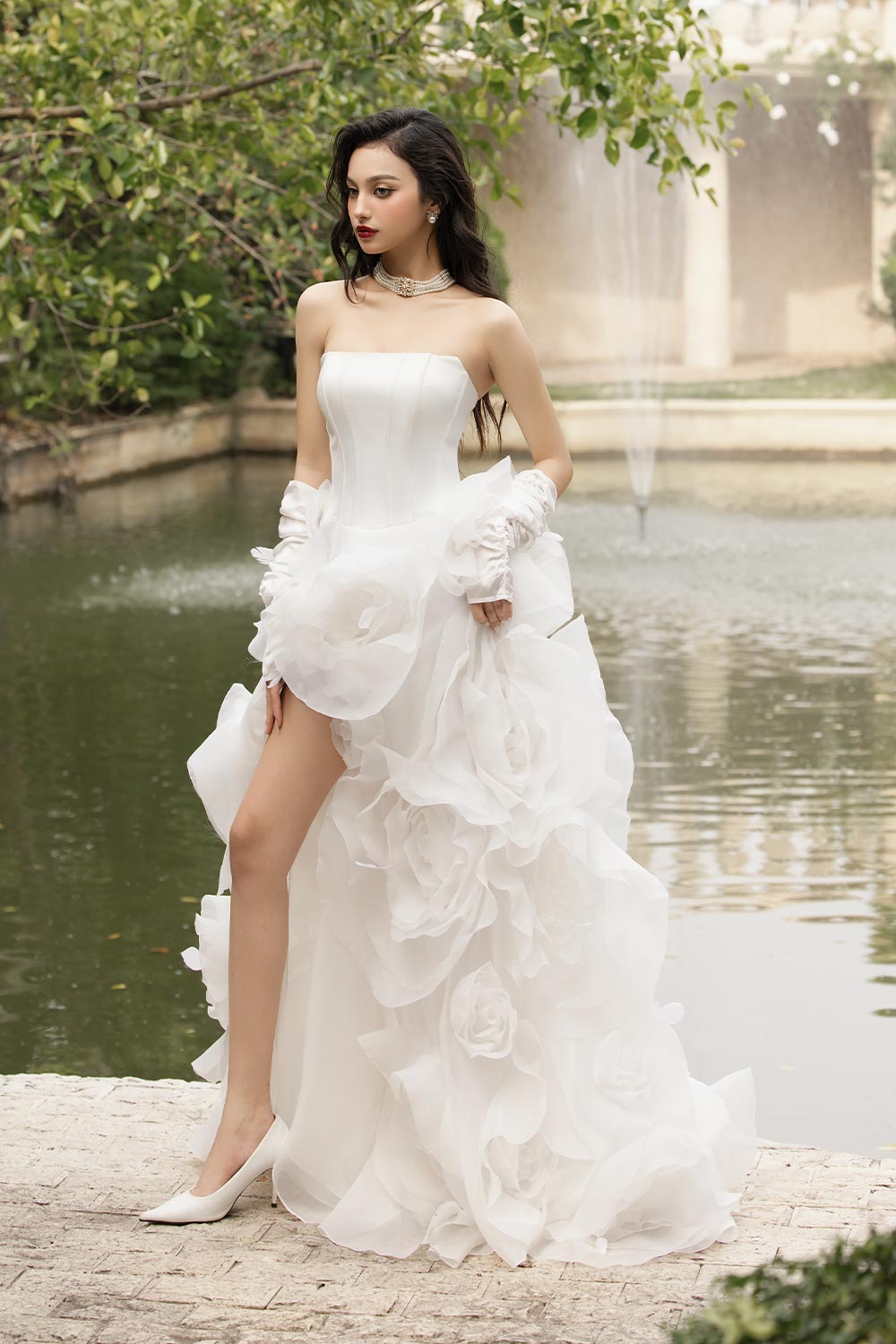 Jubilee of Jewels Slit Floral Mesh Taffeta Floor Length Dress