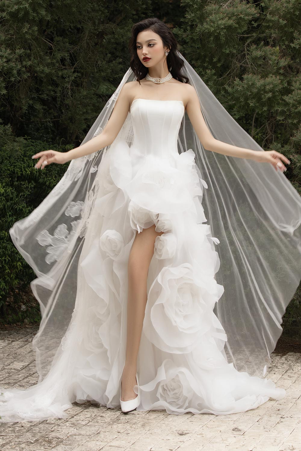 Jubilee of Jewels Slit Floral Mesh Taffeta Floor Length Dress