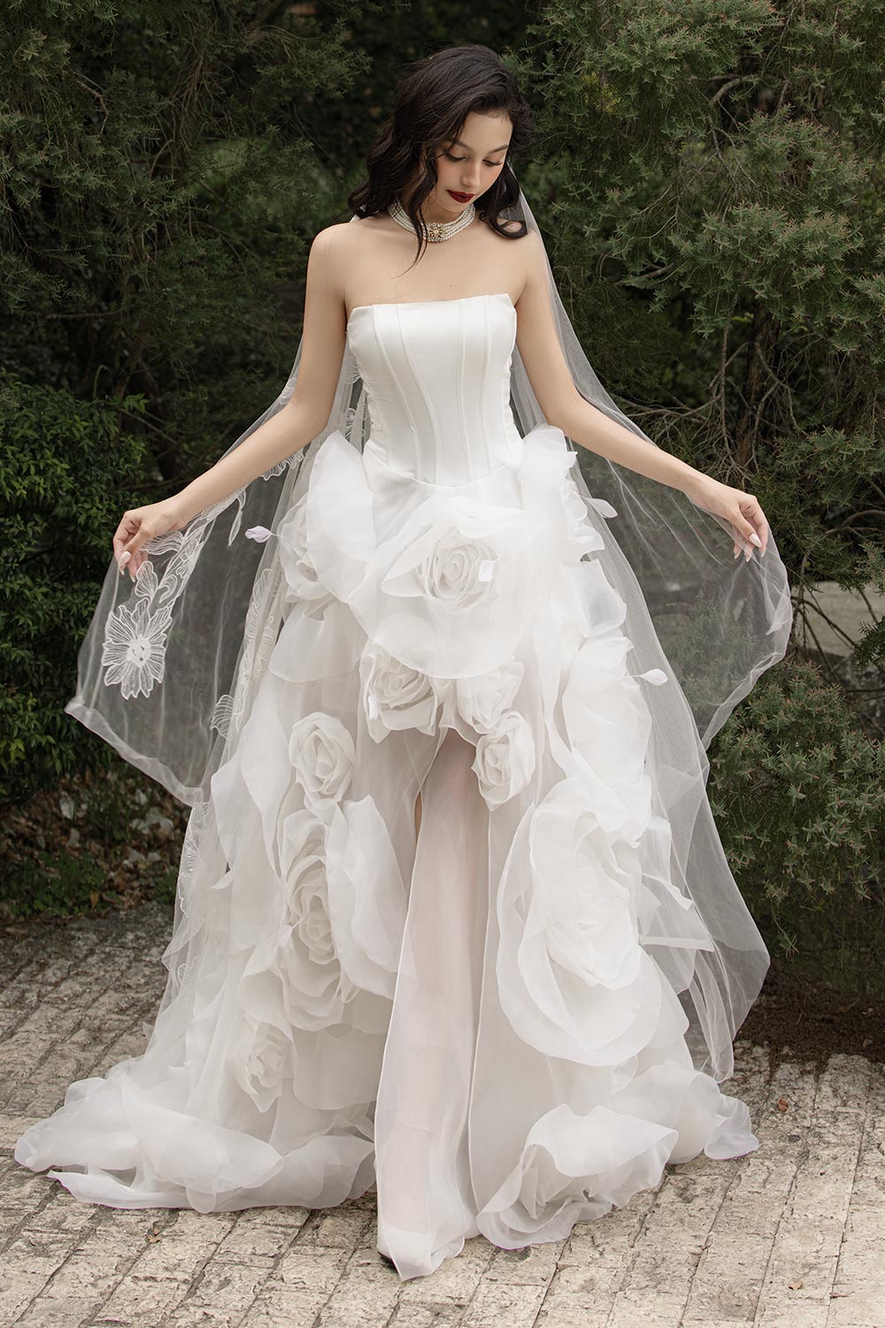 Jubilee of Jewels Slit Floral Mesh Taffeta Floor Length Dress