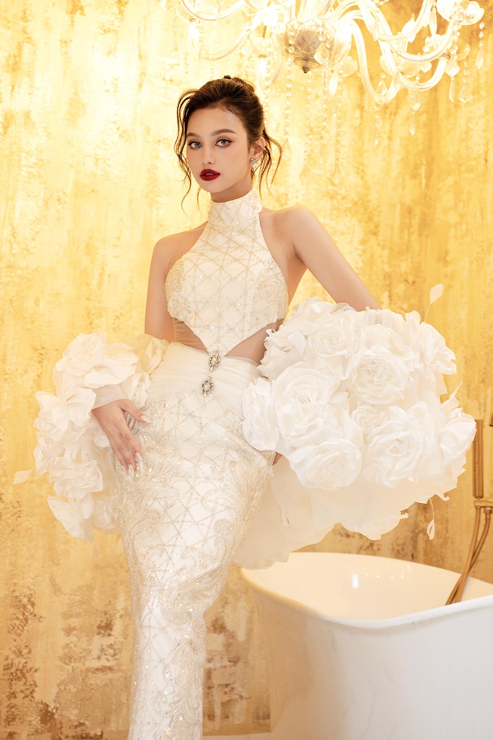 Feri Sheath Sequin Satin Midi Dress