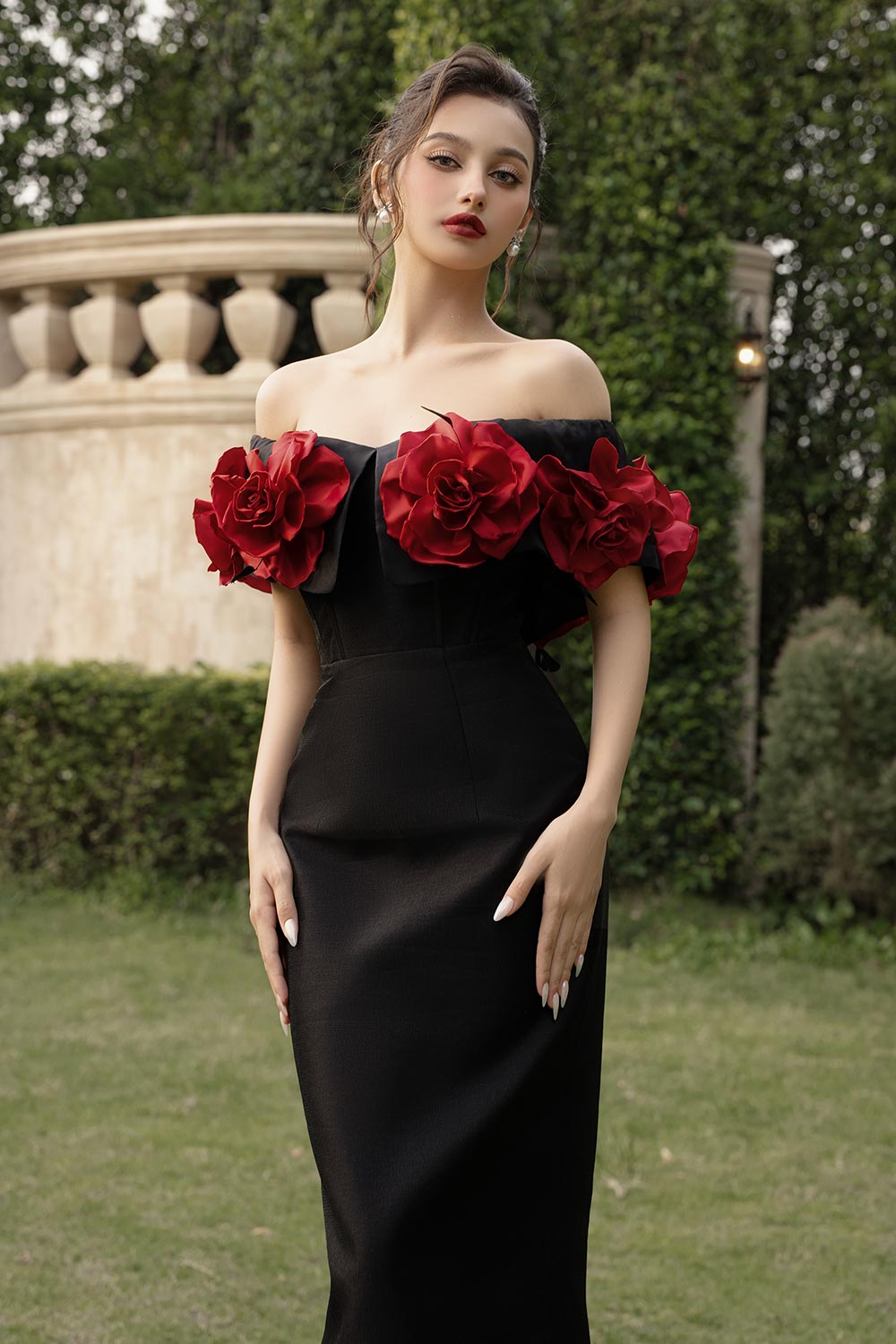 Riri Rose Hourglass Off-Shoulder Taffeta Midi Dress