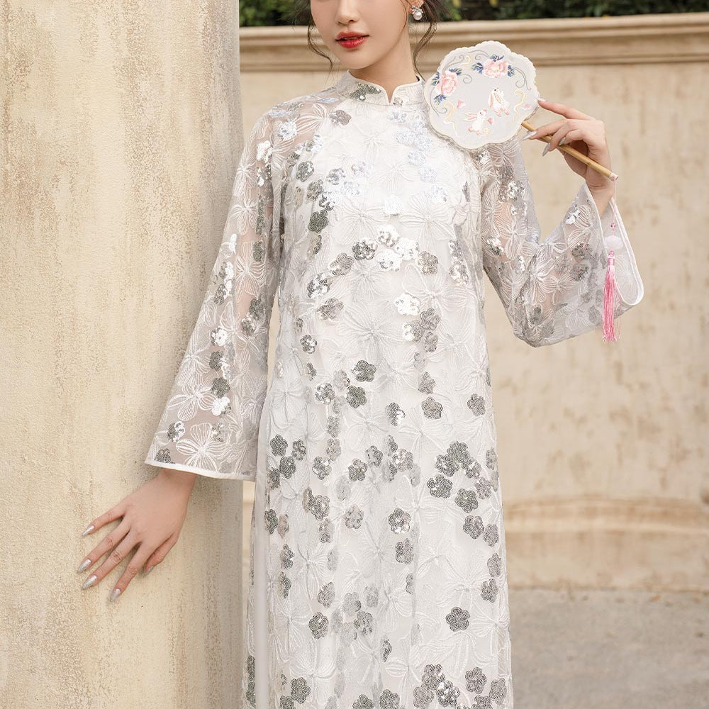 Suong Mai Straight Mandarin Neck Sequin Floor Length Ao Dai Set