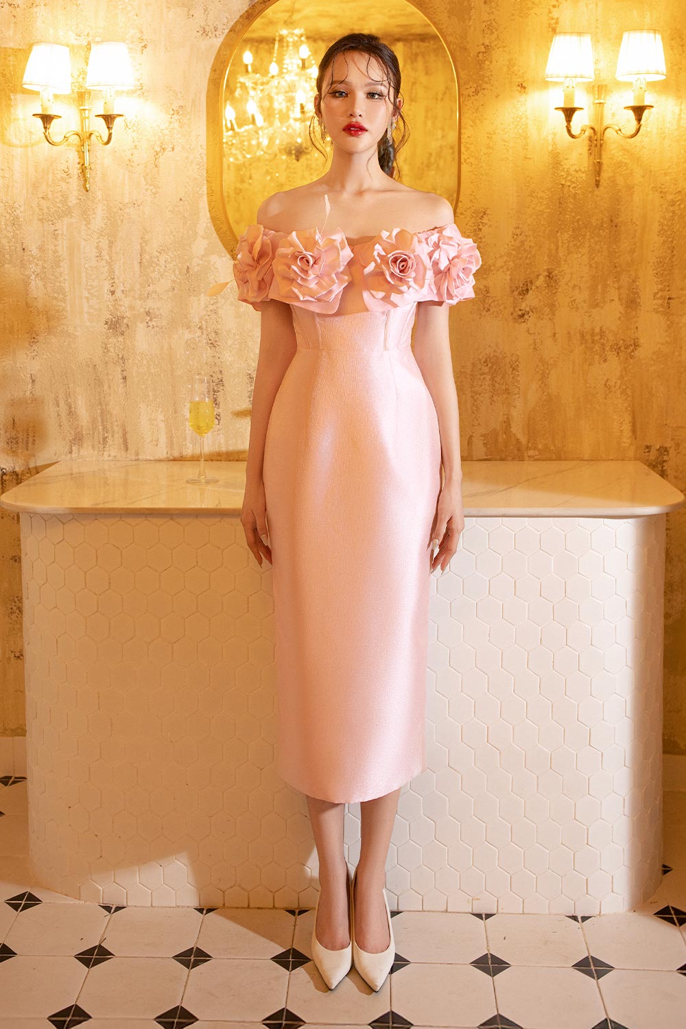 Riri Rose Hourglass Off-Shoulder Taffeta Midi Dress