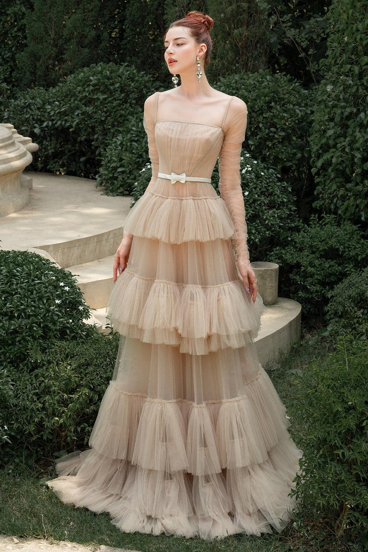 Ethereal Layered Square Neck Tulle Floor Length Dress - MEAN BLVD
