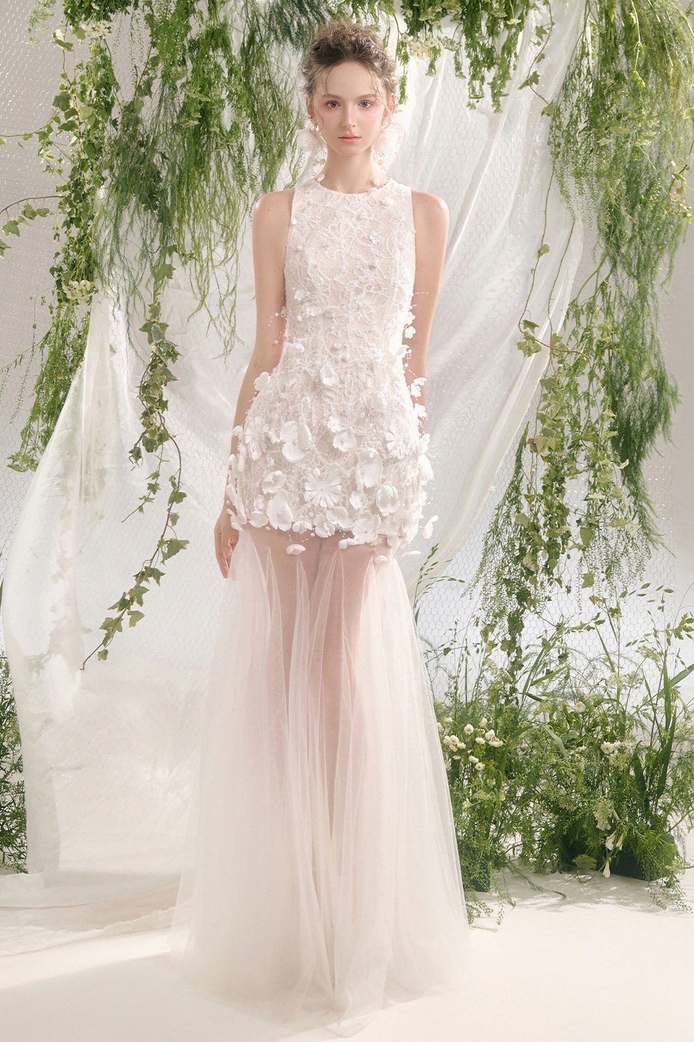 Flarin Mermaid Flower Applique Lace Floor Length Dress