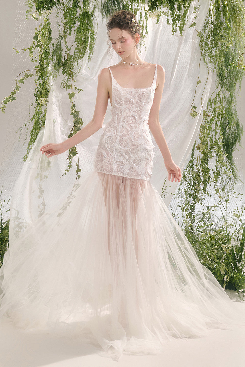 Julissa Sheath Square Neck Lace Floor Length Dress