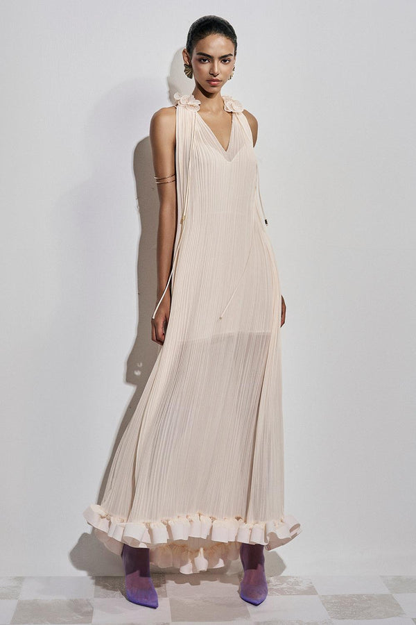 Victoire Pleated V-Neck Polyester Ankle Length Dress