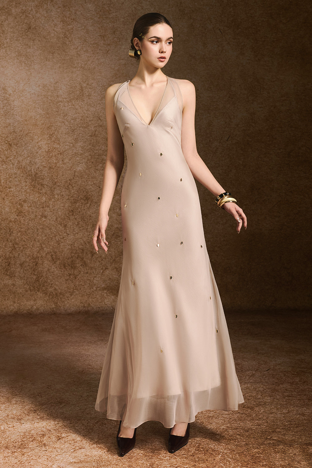 Women's Dara A-line V-Neck Silk Chiffon Maxi Dress S/M/L/XL/Customize Nude MEAN BLVD Women's Dara A-line V-Neck Silk Chiffon Maxi Dress S/M/L/XL/Customize Nude MEAN BLVD
