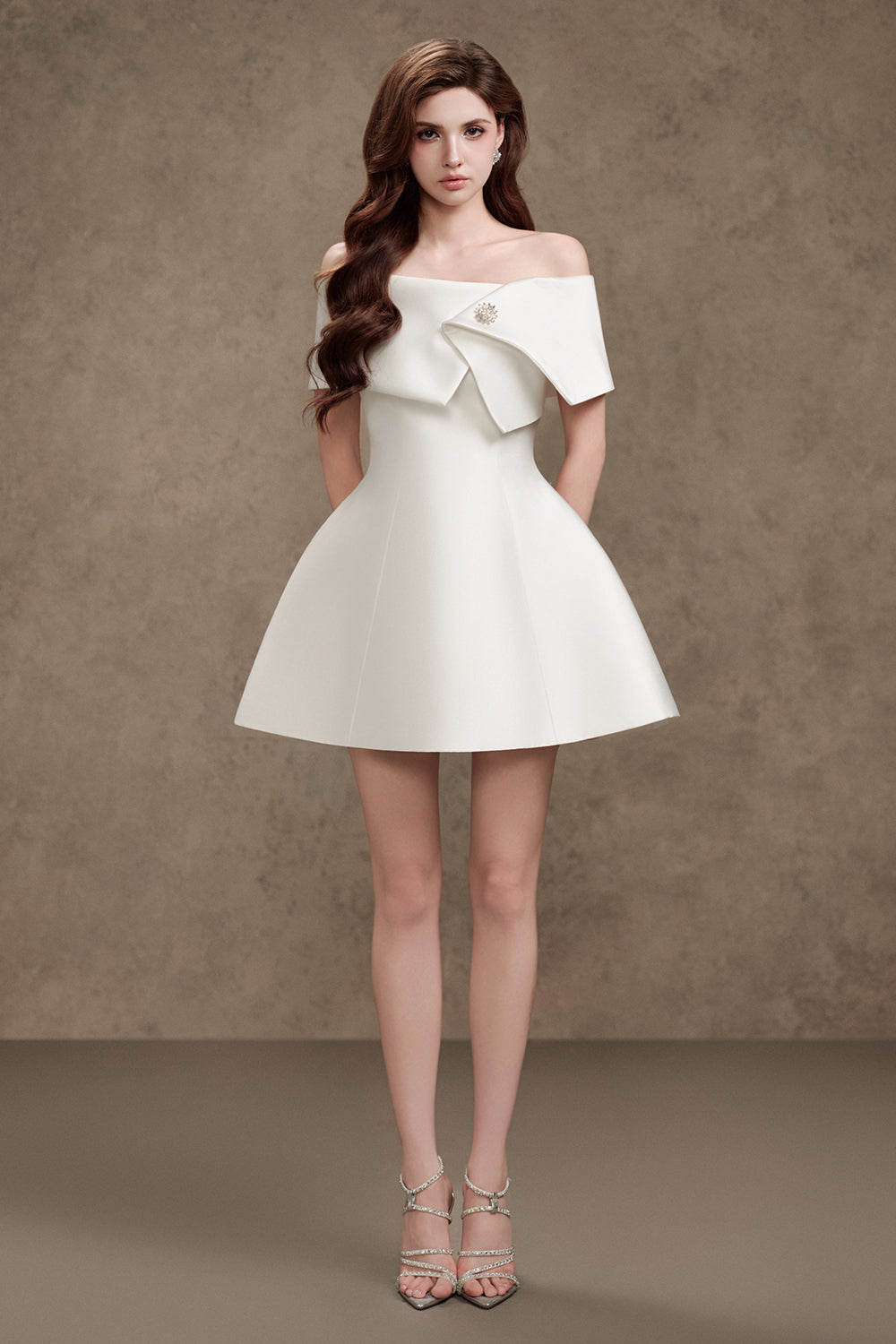Tiana A-line Off-Shoulder Trerena Taffeta Mini Dress White / Customize