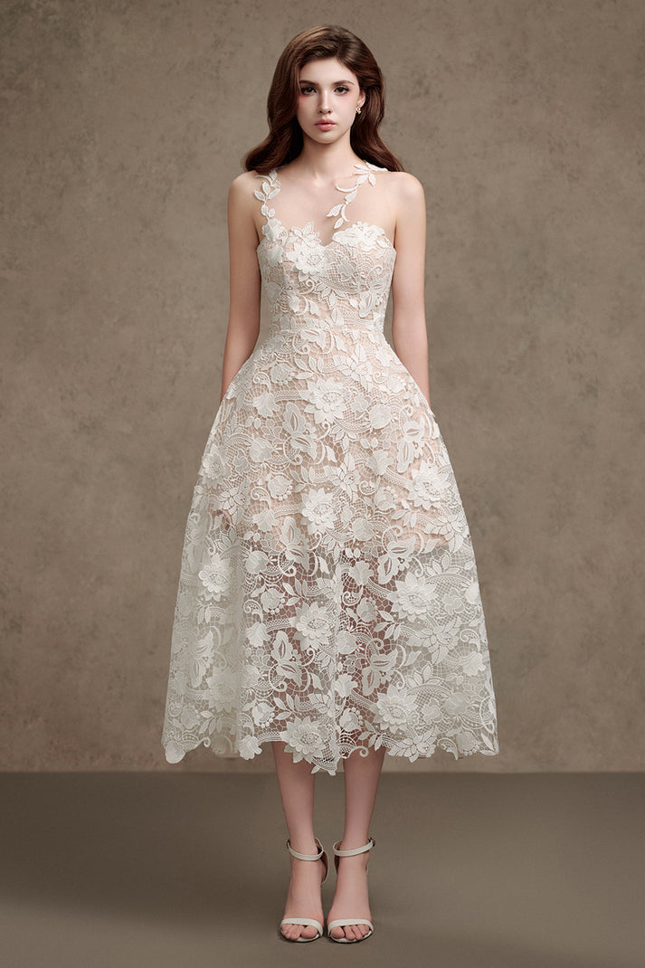 A line Illusion Neckline Dress with Appliqued Peacock