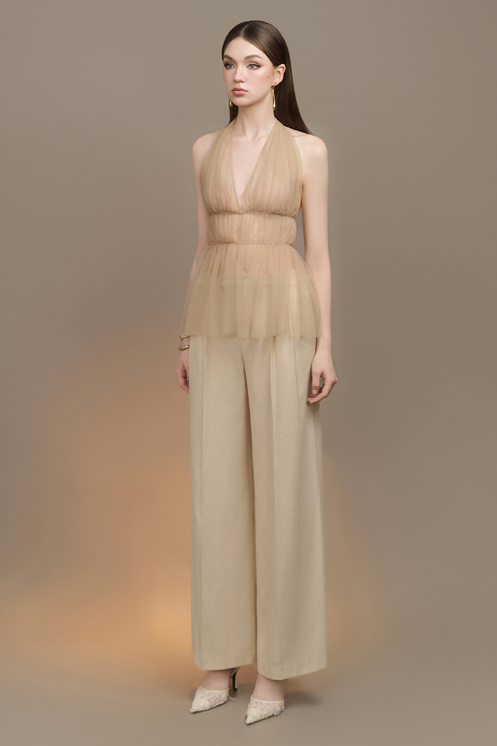 Velore Peplum Plunge Neck Tulle Top