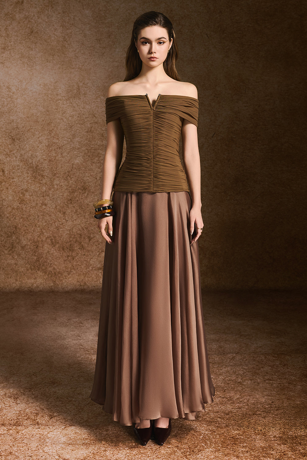 Echo A-line Off-Shoulder Silk Organza Ankle Length Dress