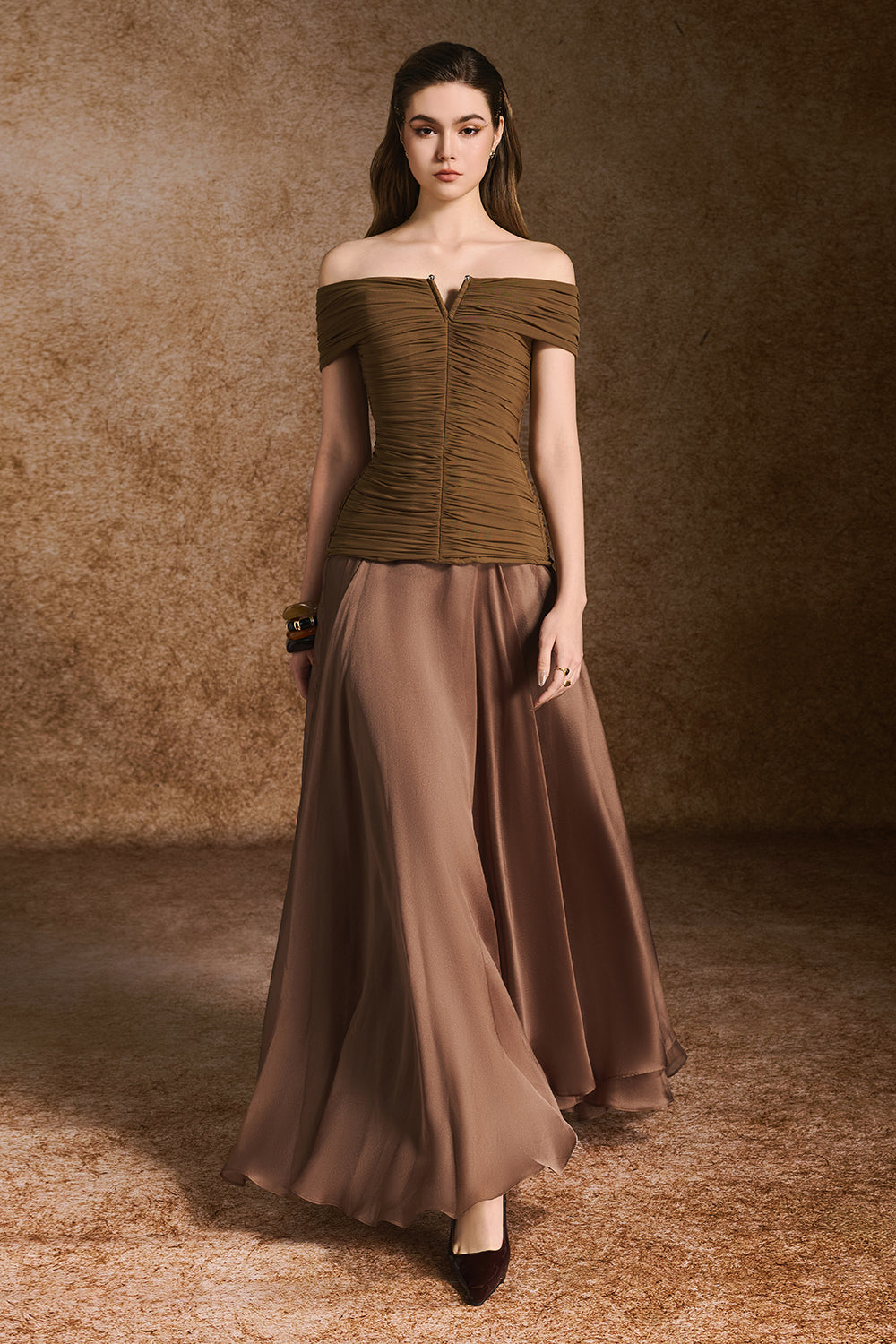 Echo A-line Off-Shoulder Silk Organza Ankle Length Dress