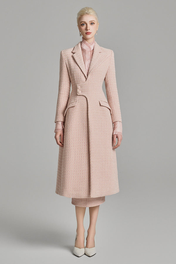 Lenora A-line Square Shoulder Tweed Calf Length Trench Coat
