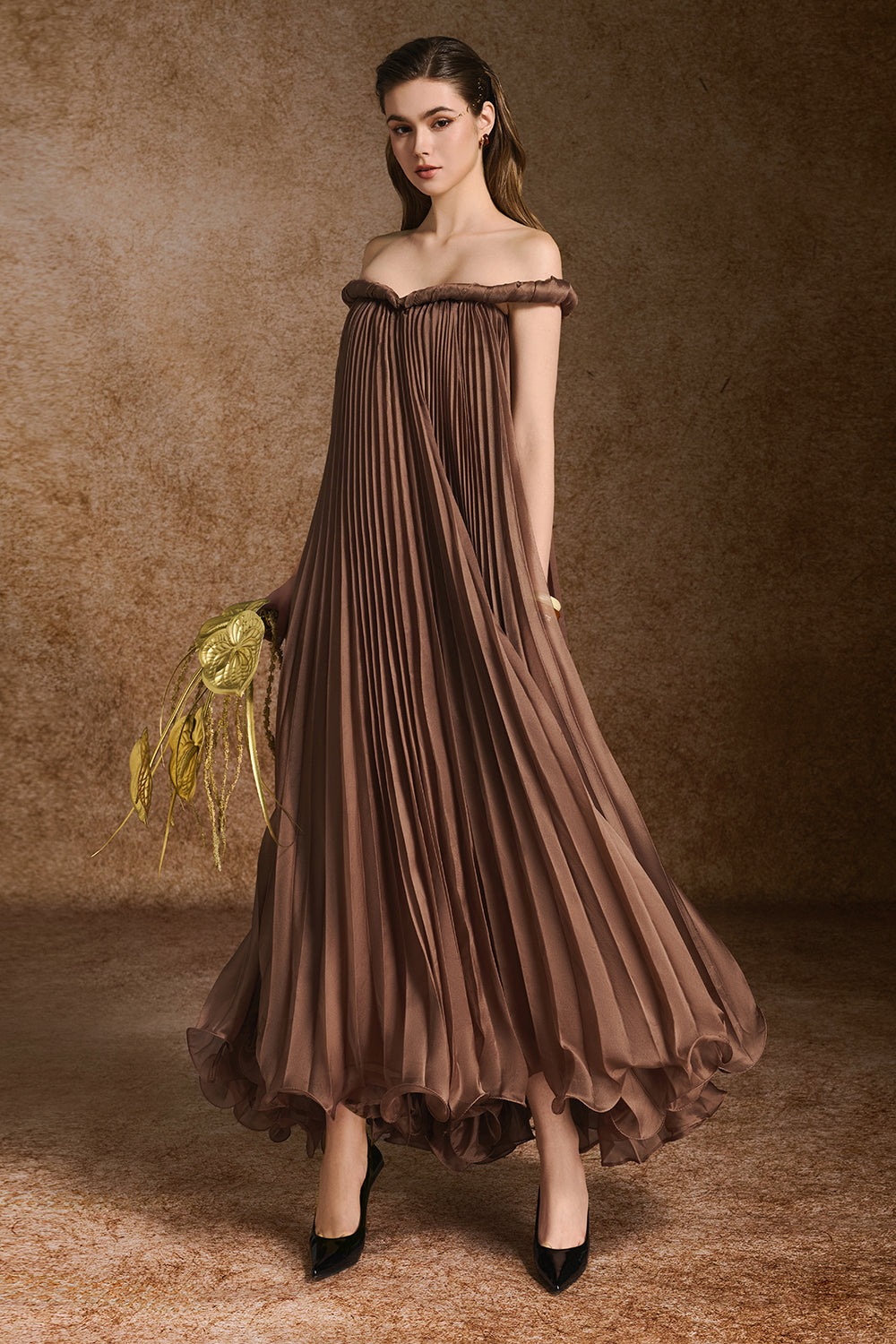 Women's Eterna A-line Off-Shoulder Silk Organza Maxi Dress S/M/L/XL/Customize Bronze Brown MEAN BLVD Bronze Brown / XL Women's Eterna A-line Off-Shoulder Silk Organza Maxi Dress S/M/L/XL/Customize Bronze Brown MEAN BLVD Bronze Brown / XL